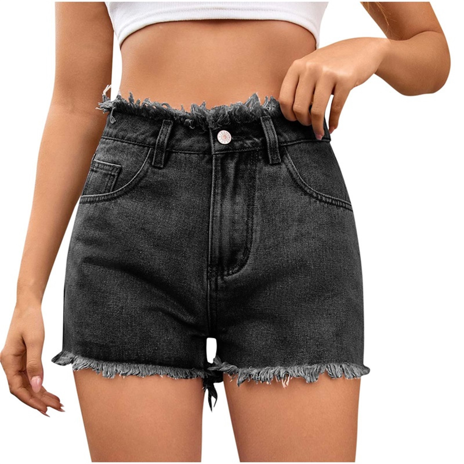 Womens Casual Shorts Womens Denim Shorts, High Waisted Stretch Jean Shorts with Pockets Black XL